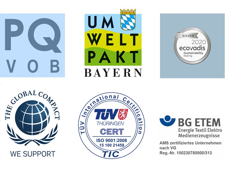 Auf einen Blick: PQ-VOB, Umweltpakt Bayern, EcoVadis, Global Compact, DIN ISO 9001:2008, BG ETEM