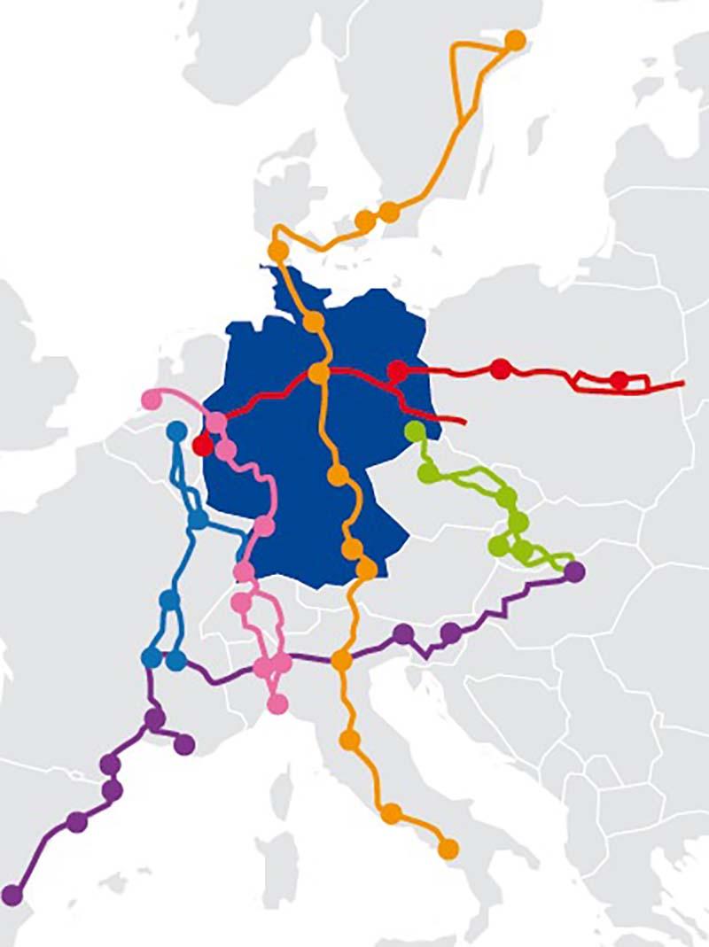 Verbindlich von der EU vorgeschlagene ETCS-Korridore, die von den Mitgliedstaaten bis 2020 umgesetzt werden müssen. rot = Corridor Duisburg – Terespol, grün = Corridor Dresden – Budapest, lila= Corridor Calencia – Ljubeljana, orange = Corridor Stockholm – Napoli, blau= Corridor Antwerpen – Lyon pink = Corridor Rotterdam – Genua